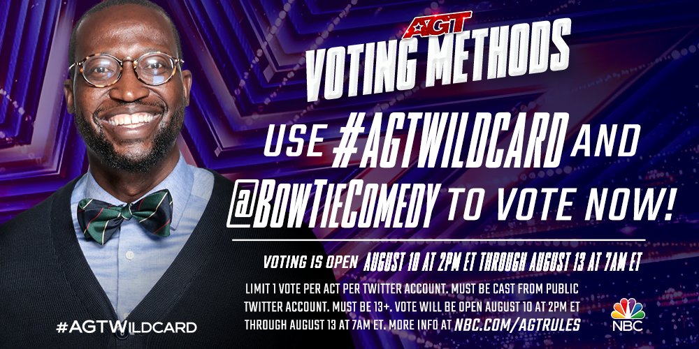 Get those votes in! Help send #AGTWildcard @BowtieComedy to the live shows by retweeting NOW! ✔️