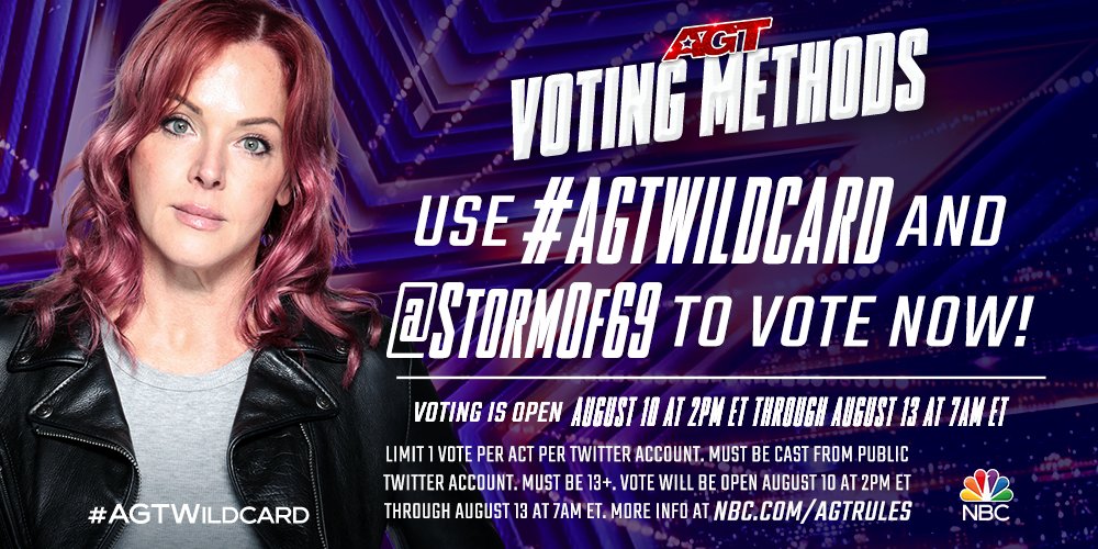 Get those votes in! Help send #AGTWildcard <a href="/Stormof69/">Storm Large</a> to the live shows by retweeting NOW! ✔️
