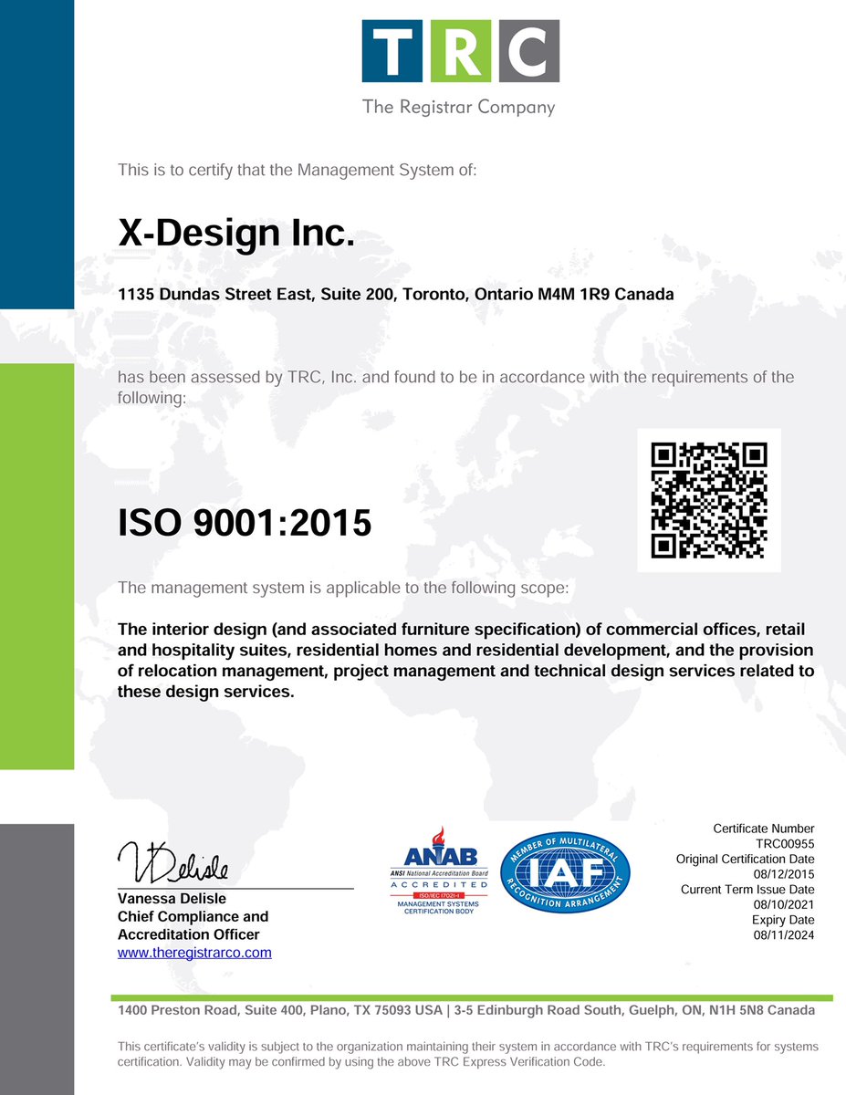 X-Design Team Excels in Recertification of ISO 9001:2015
 
We are one of very few interior design firms in Canada which maintain a registered and current ISO system. We have recently achieved renewed certification to meet the ISO international standard.