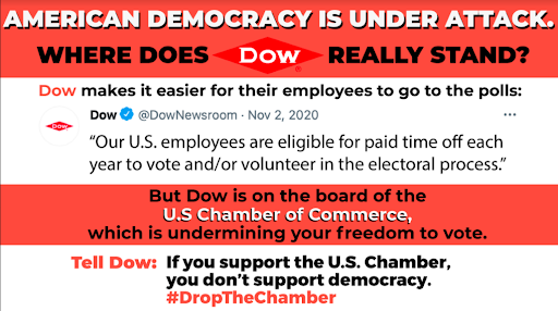 DemCastUSA's tweet photo. American democracy is under attack. Where does Dow really stand?
Tell @DowNewsroom: If you support the U.S. Chamber, you don’t support democracy.
#DroptheChamber https://t.co/3Uiacberar