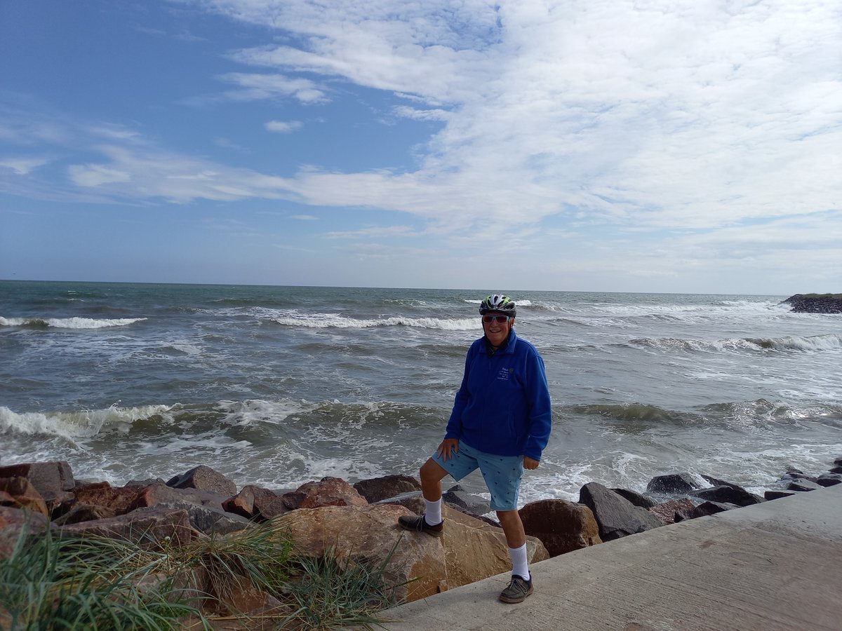 There is a super circular cycle path around Dundee or you can pick up the cycle network and head further along the coast. Our Committee Member, Alastair, is on the banks of River Tay at Carnoustie. It was very sunny, but you can see by the waves that it was a bit windy that day.