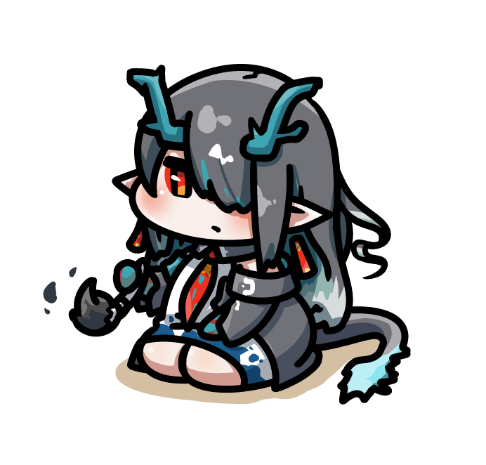 dusk (arknights) 1girl solo horns black hair tail red eyes chibi  illustration images