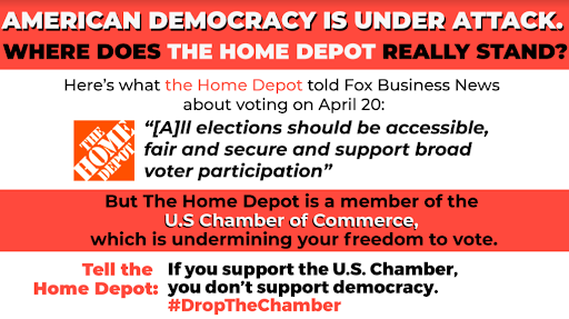 DemCastUSA's tweet photo. American democracy is under attack. Where does The Home Depot really stand?
Tell The @HomeDepot: If you support the U.S. Chamber, you don’t support democracy.
#DroptheChamber https://t.co/ka8RgDUSGO