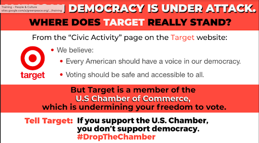 DemCastUSA's tweet photo. American democracy is under attack. Where does Target really stand?
Tell @Target: If you support the U.S. Chamber, you don’t support democracy.
#DroptheChamber https://t.co/L3IhVGvpao