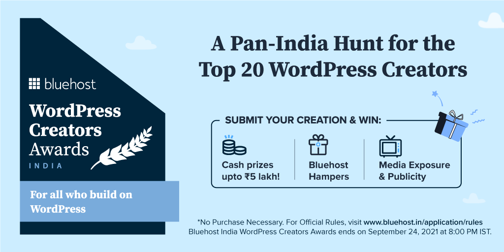 BluehostIndia's tweet photo. Introducing the Bluehost WordPress Creators Awards - our search for the top WordPress creators in India!

Apply now &amp; win big prizes including cash up to 5 lakhs: https://t.co/xZ0c0q8J5r

#PoweringTheCreators #WPCreatorsAward #WebDeveloper #WebDesign #blogger #contest https://t.co/rvcw9RKKGb