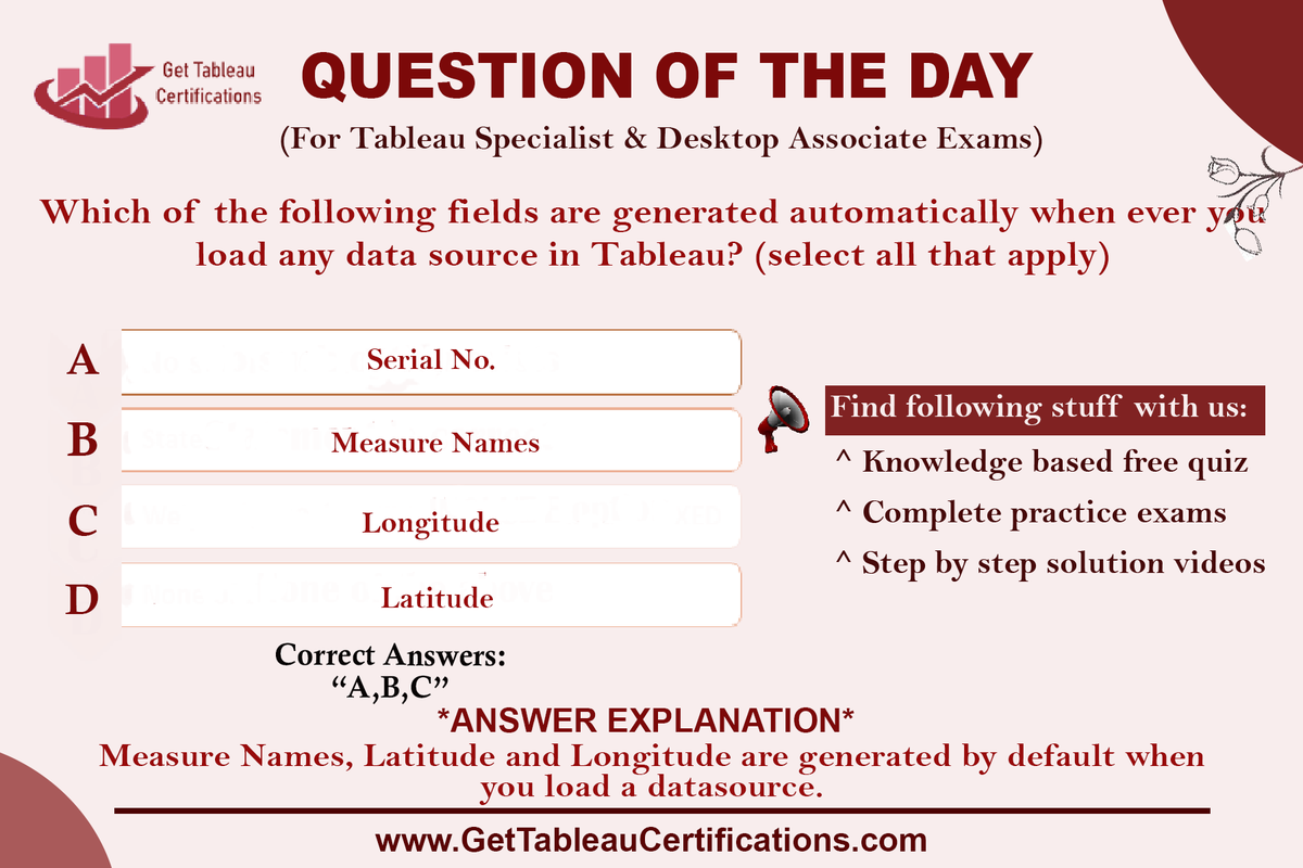 GetTableauExam's tweet photo. Which of the following fields are generated automatically when ever you load any data source in Tableau? 
🔰 Serial No
🔰 Measure Names
🔰 Longitude
🔰 Latitude

🔗 Learn More 👉 https://t.co/34Ffl9NSIV

#tableau #tableaucertification #tableaucertificationdumps https://t.co/ebqJVkSgMX