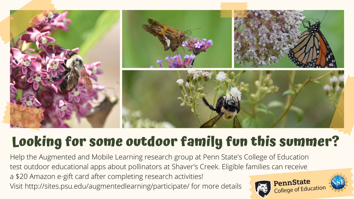 Penn State College of Ed researchers are recruiting families for research on an educational app about pollinators at Shaver's Creek. If interested, researchers will be at SCEC on August 16th, 19th, 21st, and 22nd, from 10am-1pm.