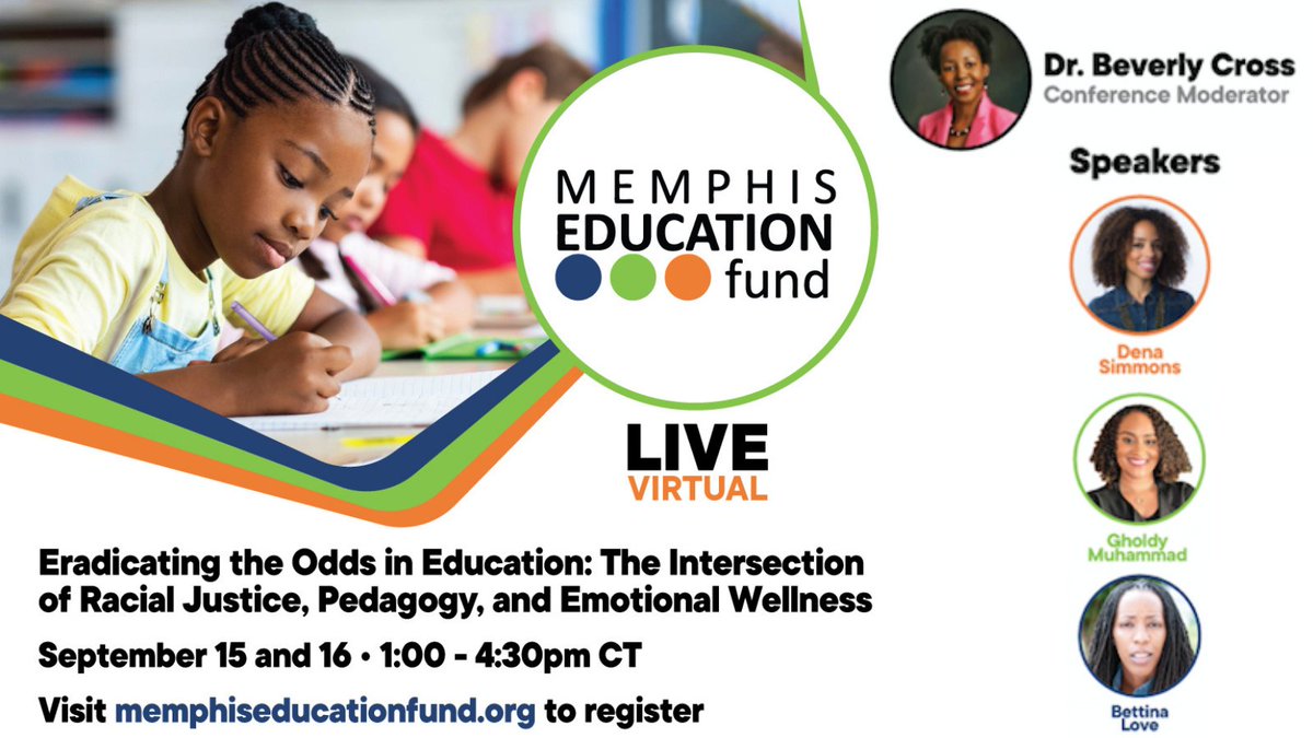 memphisedufund's tweet image. Memphis Education Fund is bringing together some of the best and brightest in education for Eradicating the Odds in Education 2021. Hear from Dena Simmons, Bettina Love and Gholdy Muhammad on September 15-16! Register here: memphiseducationfund.org
#ETO2021 #blackeducationmatters