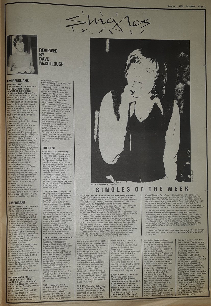 Sounds Clips (@soundsclips) on Twitter photo The Singles reviewed by Dave McCullough in Sounds, August 11th, 1979, including The Fall's 'Rowche Rumble', The Teardrop Explodes 'Bouncing Babies' and The Dead Kennedys 'California Uber Alles' @TheFallDaily <a href="/TheFallinFives/">The Fall in Fives</a> <a href="/TExplodes/">The Teardrop Explodes</a> <a href="/DeadKennedys/">Dead Kennedys</a> The Singles reviewed by Dave McCullough in Sounds, August 11th, 1979, including The Fall's 'Rowche Rumble', The Teardrop Explodes 'Bouncing Babies' and The Dead Kennedys 'California Uber Alles' @TheFallDaily <a href="/TheFallinFives/">The Fall in Fives</a> <a href="/TExplodes/">The Teardrop Explodes</a> <a href="/DeadKennedys/">Dead Kennedys</a>