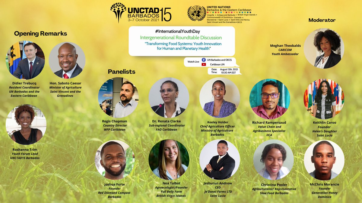 ⁠TOMORROW, celebrate #YouthDay with @UNBdosandOECS and @BarbadosUNCTAD.
Tune in to our intergenerational discussion for on transforming food systems!
Date: August, 12th @ 10:30 EST 
Register here: bit.ly/3AkOlRN 
@RegisChapmanWFP @FAOCaribbean @RoshannaTrim  @IICAnews