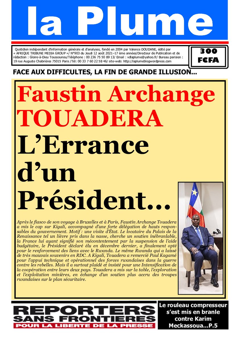 CiBaroud's tweet photo. La Une du journal "la Plume" N°903 du jeudi 12 août  2021... https://t.co/P9C0iSMqsz