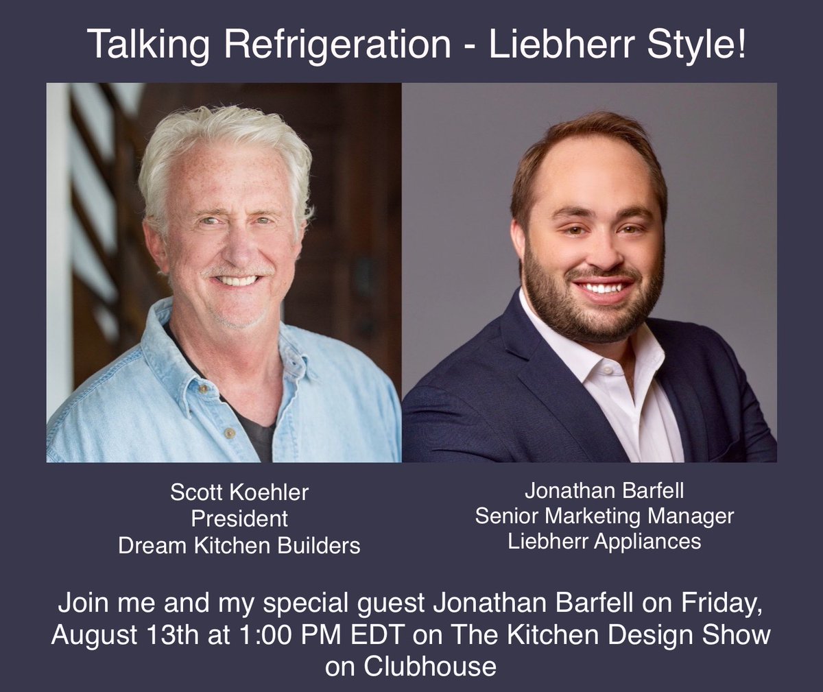 Drop in for a casual chat with my special guest Jon Barfell, Senior Marketing Manager for <a href="/LiebherrHomeUS/">Liebherr Appliances US/CA</a>  this Friday on <a href="/Clubhouse/">Clubhouse</a>. We’ll be talking kitchens, appliances, cooking and more. #clubhouse #kitchendesign #chat