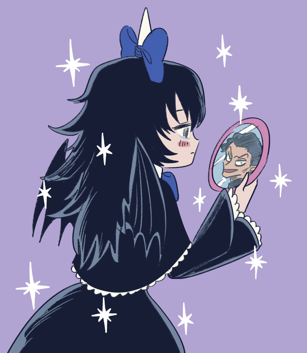 mirror 1girl black hair bow long hair dress purple background  illustration images