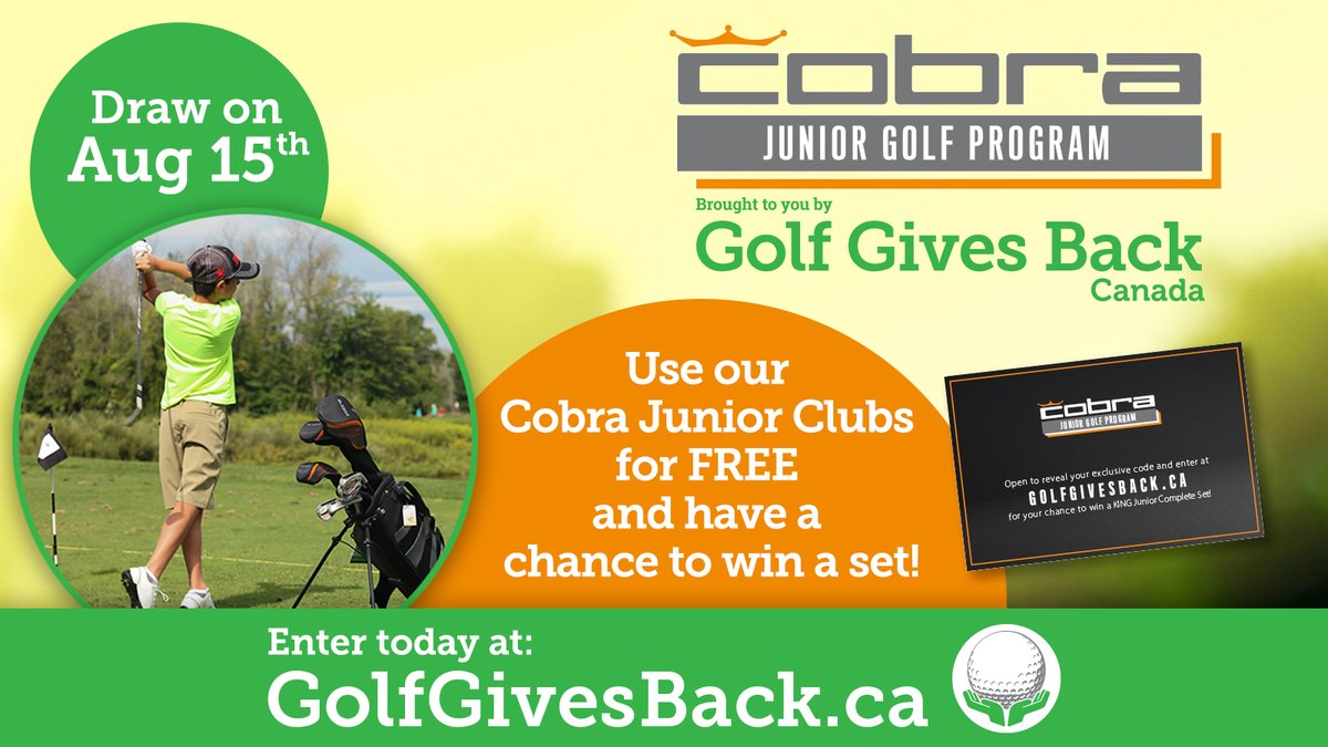Every time a set of Cobra Junior Clubs is used at one of our partner courses, the junior golfer has a chance to win a set of their very own!  This contest closes on August 15th, so don't forget to enter your codes!  Good Luck!  golfgivesback.ca