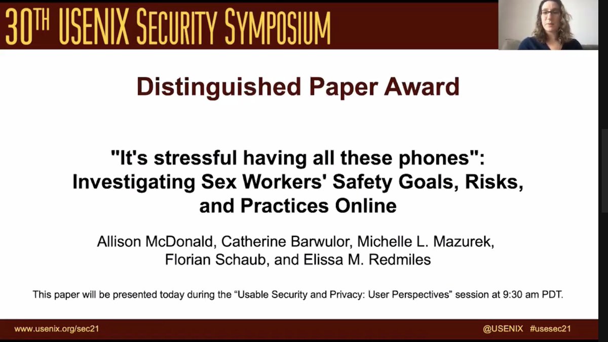 Beyond excited that our work (<a href="/allismcdon/">Allison McDonald</a> <a href="/cbarwul/">Catherine Barwulor</a> <a href="/mmazurek_/">mmazurek @ bsky.social</a> @floschaub) on what it means for S*x Wrkers (thanks again <a href="/twitter/">Twitter</a> censorship) to be safe online has been recognized with a Distinguished Paper Award at <a href="/USENIXSecurity/">USENIX Security</a>