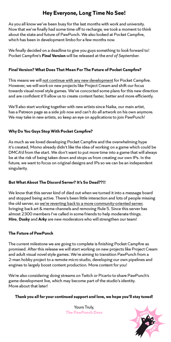 PawPunch's tweet photo. Hey guys,

Some updates from our side, a release window for Pocket Campfire and some changes to our Discord! Join our discord server here: https://t.co/3mS35DaJvE

!! Second image for the TL;DR !! https://t.co/9626RSvl3W
