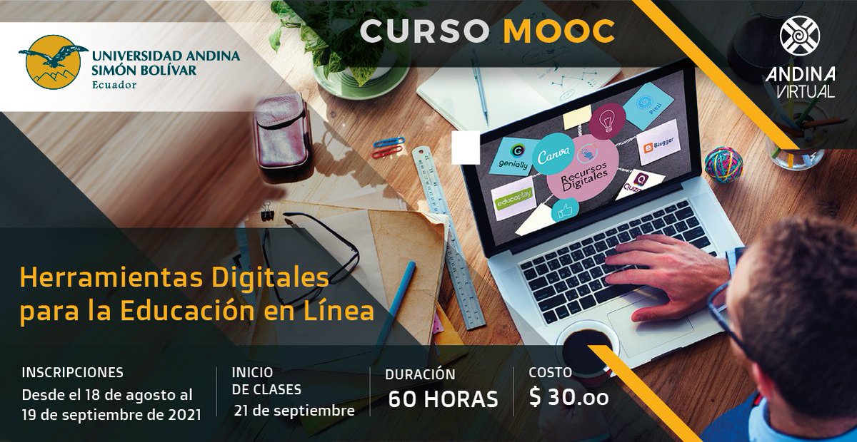 FormAndinaEc's tweet photo. 📍 CURSO #MOOC | 📲💻 Herramientas Digitales para la Educación en Línea.
📆 Inicio, 21 de septiembre de 2021
⏰ 60 Horas
💵 Costo: 30,00 dólares
🤓 Inscripciones ➡ https://t.co/dBdt95YolL
@uasbecuador @jorgeballadares @natasha11_11 https://t.co/b7bVMshmby