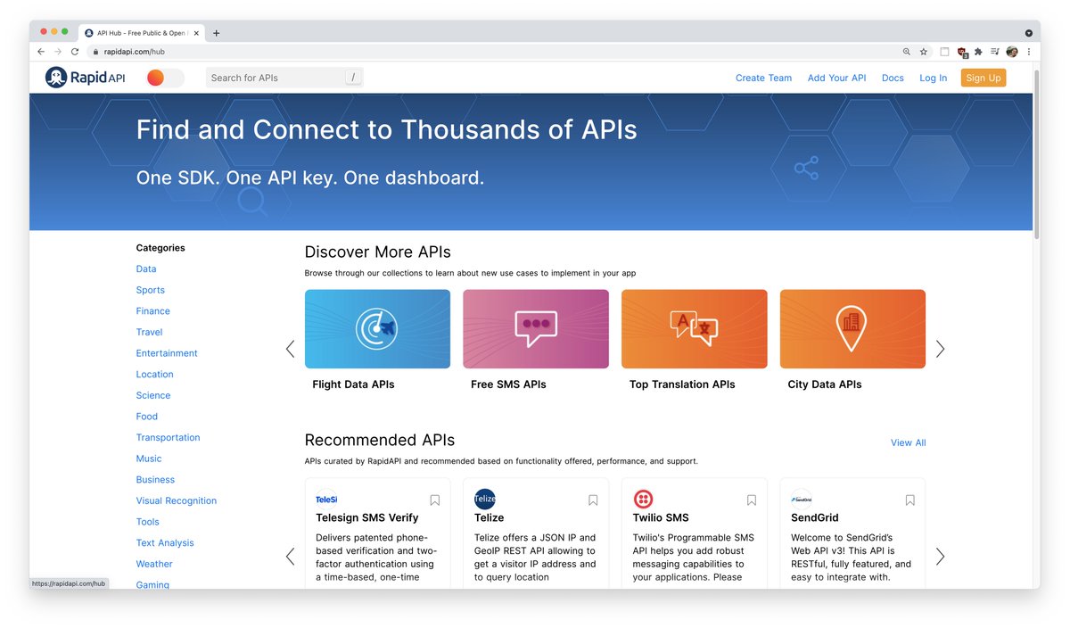 midudev's tweet photo. ¿Necesitas una API? ¿No sabes dónde buscar?

¡Te recomiendo RapidAPI!

🔎 Busca entre 35 mil APIs (gratis y de pago)
🔑 Una API Key para manejarlas todas
🌎 Prúebalas directamente en tu navegador
👩‍💻 Te ofrece el código listo para ser copiado

➡️ https://t.co/GOp9q03Me2 https://t.co/xgDhAgKqEG