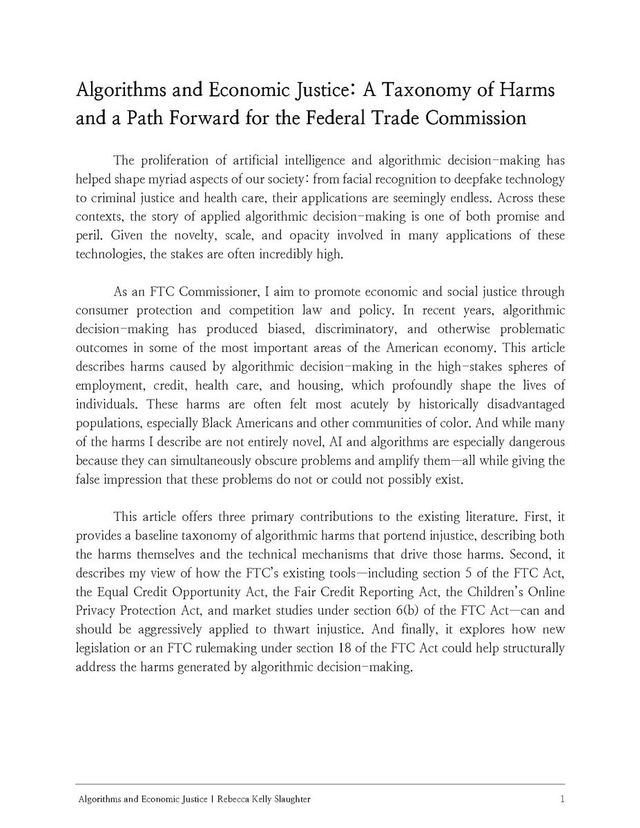 yaleisp's tweet image. We’re thrilled to publish @RKSlaughterFTC’s “Algorithms and Economic Justice,” the latest in our Digital Future Whitepaper Series, in collaboration with @YJoLT.

@YaleLawSch @FTC 

law.yale.edu/isp/publicatio…