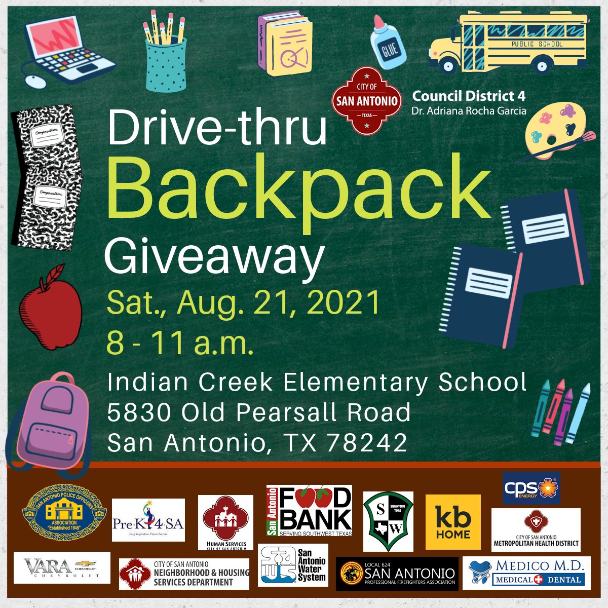 DrAdrianaD4's tweet photo. We’re thrilled to host our drive-thru back to school backpack giveaway from 8 - 11 a.m. on Saturday, August 21, 2021. We have thousands of backpacks filled with school supplies so that our students can start the school year strong. Please join us and spread the word! 🎒📚✏️📓 https://t.co/XC6Pyg2a7G