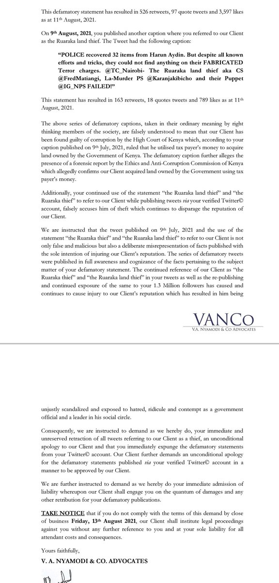 CS <a href="/FredMatiangi/">Dr. Fred Matiangi, EGH, PhD, HSC</a> has written to me, threatening to sue me for describing him for what he is - Ruaraka Thief.

I will respond to this letter tomorrow.

I like that finally, I have the chance to prove that he is a thief- Who helped steal Shs. 1.5b from the taxpayers coffers.