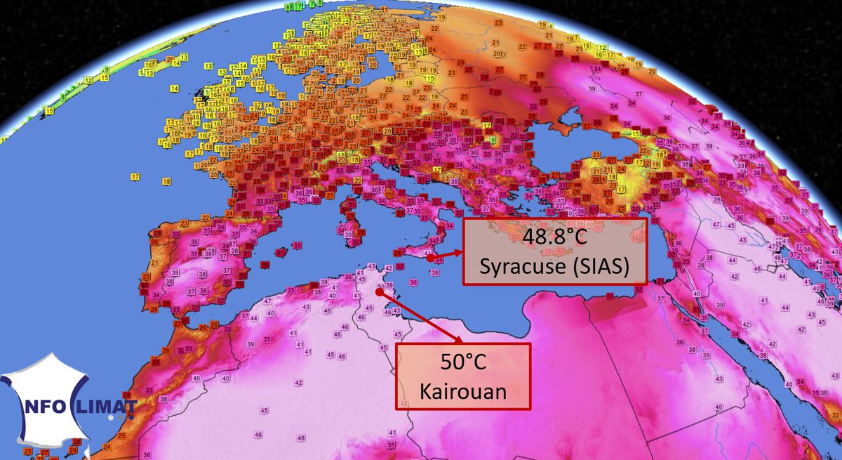 50.0°C en donnée horaire à Kairouan en #Tunisie cet après-midi. A voir la maximale dans la soirée, peut-être au niveau du record national fiable de chaleur. 