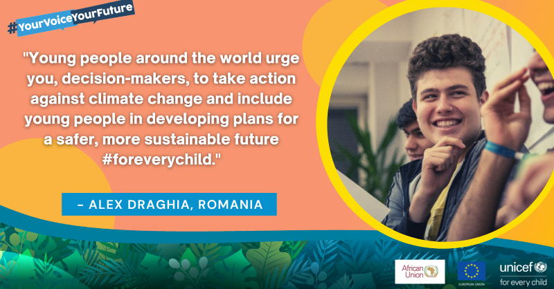 UNICEF_EU's tweet photo. We asked half a million young people in Europe and Africa about climate change. 🌎

88% said they feel responsible for tackling it. ✊

They’re asking leaders to work with them, and take immediate action to address the climate crisis 🔥
#YouthDay