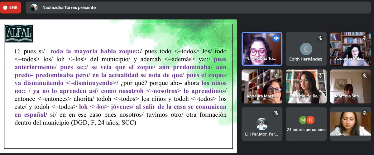 Nadiezdha Torres Sánchez (<a href="/nadiezdha_t/">Nadiezdha Torres</a>) presenta su ponencia sobre las "Características del español de bilingües zoque y español" en el Proyecto 11 del Congreso de #ALFAL21.