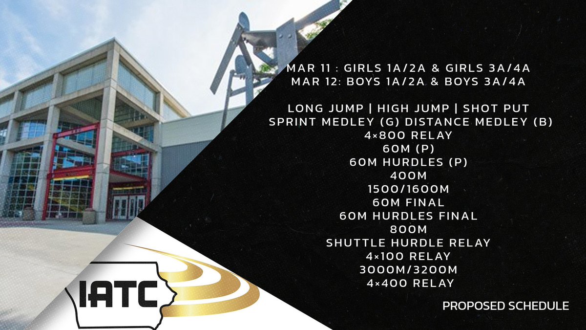 Let’s keep the good news going for our sport. High school track &amp; field returns to Iowa State University! 
✏️ IATC Indoor Championships
📅 Mar 11-12 
More details and information will be released this fall.
