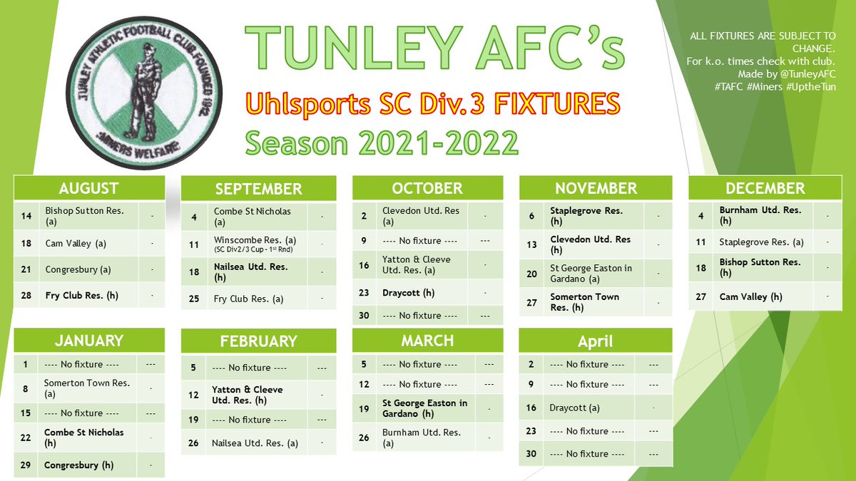Bit late to the fixture release party but here are our fixtures for the @somersetcfl Div.3 season! ⚽️🥳
#fixturerelease #bringontheseason #UpTheTun