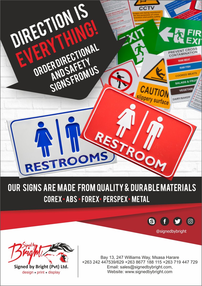 signedbybright's tweet photo. Direction is everything!
Order directional and safety signs from us. 
Contact us on +263719447729  / email sales@signedbybright.com 

#designinspiration 
#sighnedbybright 
#print 
#printdesign https://t.co/OMsxuqrHfF