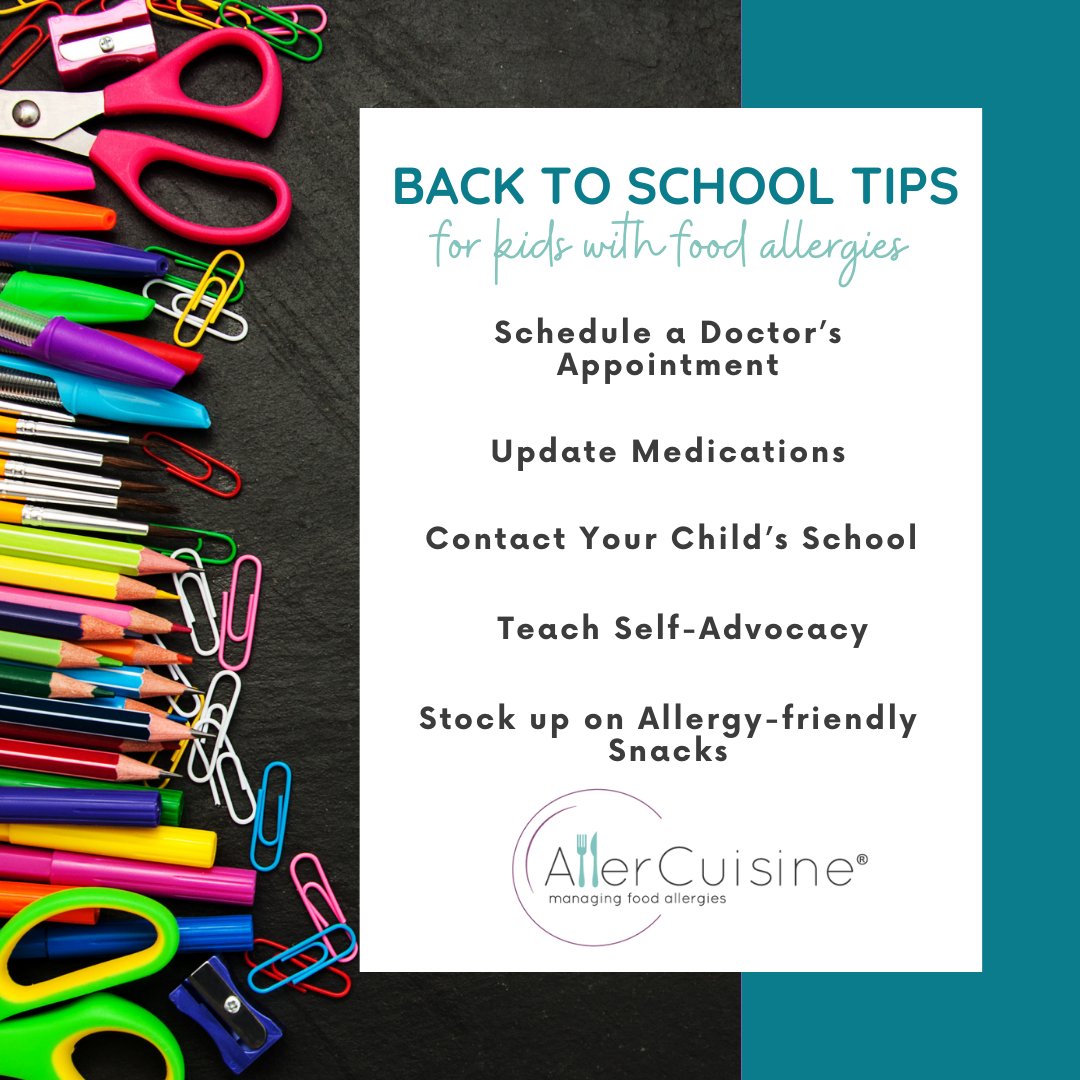 allercuisine's tweet photo. Can you believe it's back to school time already?!  As kids return to in-person learning, it is time to brush up on the food allergy basics so you can send your kids to school with confidence!  https://t.co/BM8SitGNK1 https://t.co/GF35JPIeNL
