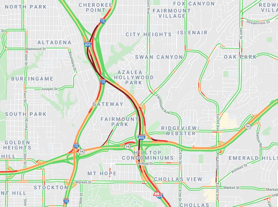 HelpfulVoice's tweet photo. Sigalert continues for Southbound 805 at Market St.  2 left lanes and HOV are closed due to a crash investigation.  Avoid South 805 from North park/City Heights to market! #SanDiegoTraffic #SoCalTraffic https://t.co/TublUXIxcf