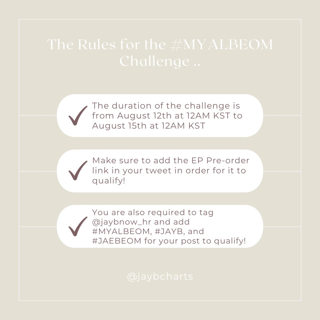 jaybcharts's tweet photo. #MYALBEOM Challenge! 🎉 

Create your own Albeom teaser to promote Jay B’s 1st EP!

We will be randomly selecting ONE winner! The winner of this giveaway will receive a copy of Jay B’s physical album!! 🔥

Look at the details below on how to enter! 💙

@jaybnow_hr #JAEBEOM https://t.co/Vh110f7lQy
