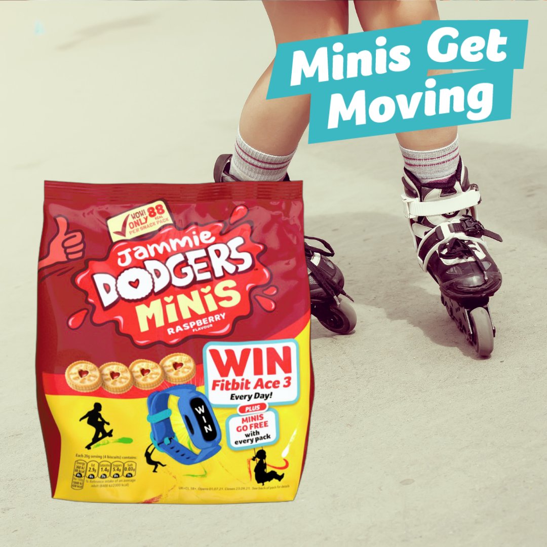 Get moving this Summer and skate into adventures fueled by Jammie Dodgers Minis. 🛼  Plus every pack comes with a FREE activity voucher and a chance to win a a FitBit Ace 3. #MinisGetMoving
18+ UK Only. Ends 23/09/21. Purchase required. T&amp;Cs apply.