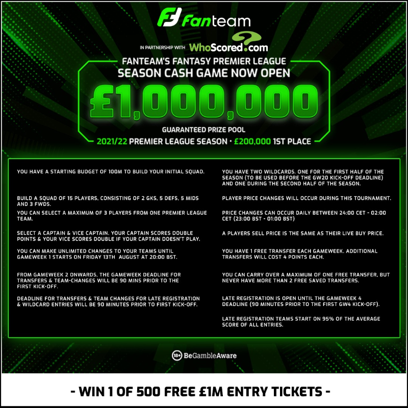 WhoScored's tweet photo. 🚨 WIN 1 OF 500 FREE £1M ENTRY TICKETS!

🤝 We are giving away 500 tickets for @FanTeamOfficial's £1,000,000 Fantasy Premier League game!

To enter:

‣ RETWEET this tweet
‣ REPLY with #FanTeamMillion and your FanTeam ID

👀 Be quick! The first 500 get free entry!

Sign up 👇