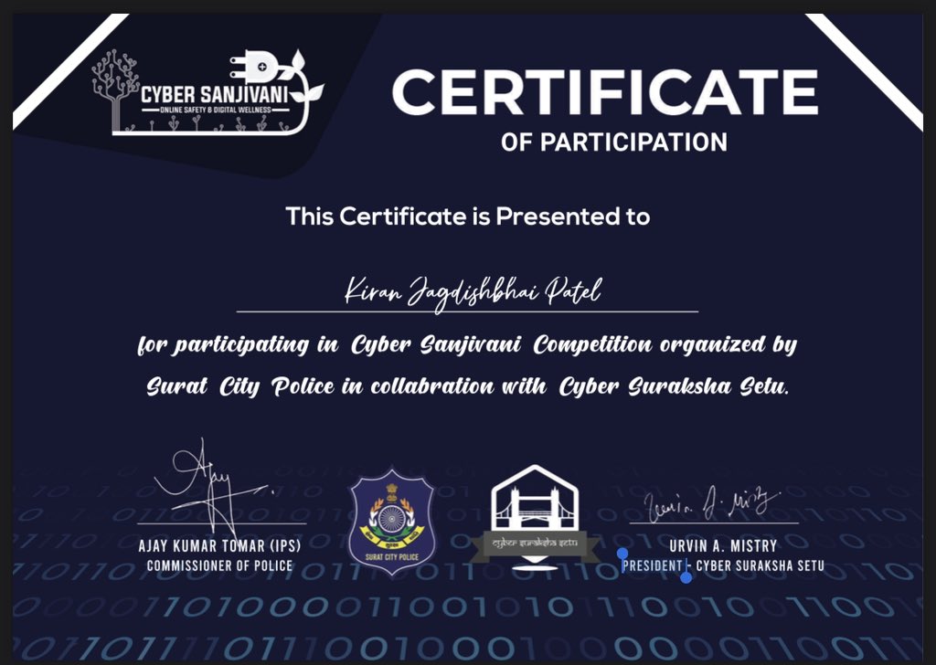 cybersanjivani.org પર 
ચકાસો તમારું Social Media વપરાશ અંગે નું સામાન્ય જ્ઞાન.

Social Media Awareness અંગે ના ૩૦ સવાલો ના જવાબ આપો , અને બદલામાં આપના એ પ્રયાસ ને બીરદાવતું સુરત શહેર પોલીસ કમીશનર ની Digital Signature ધરાવતું Digital Certificate.