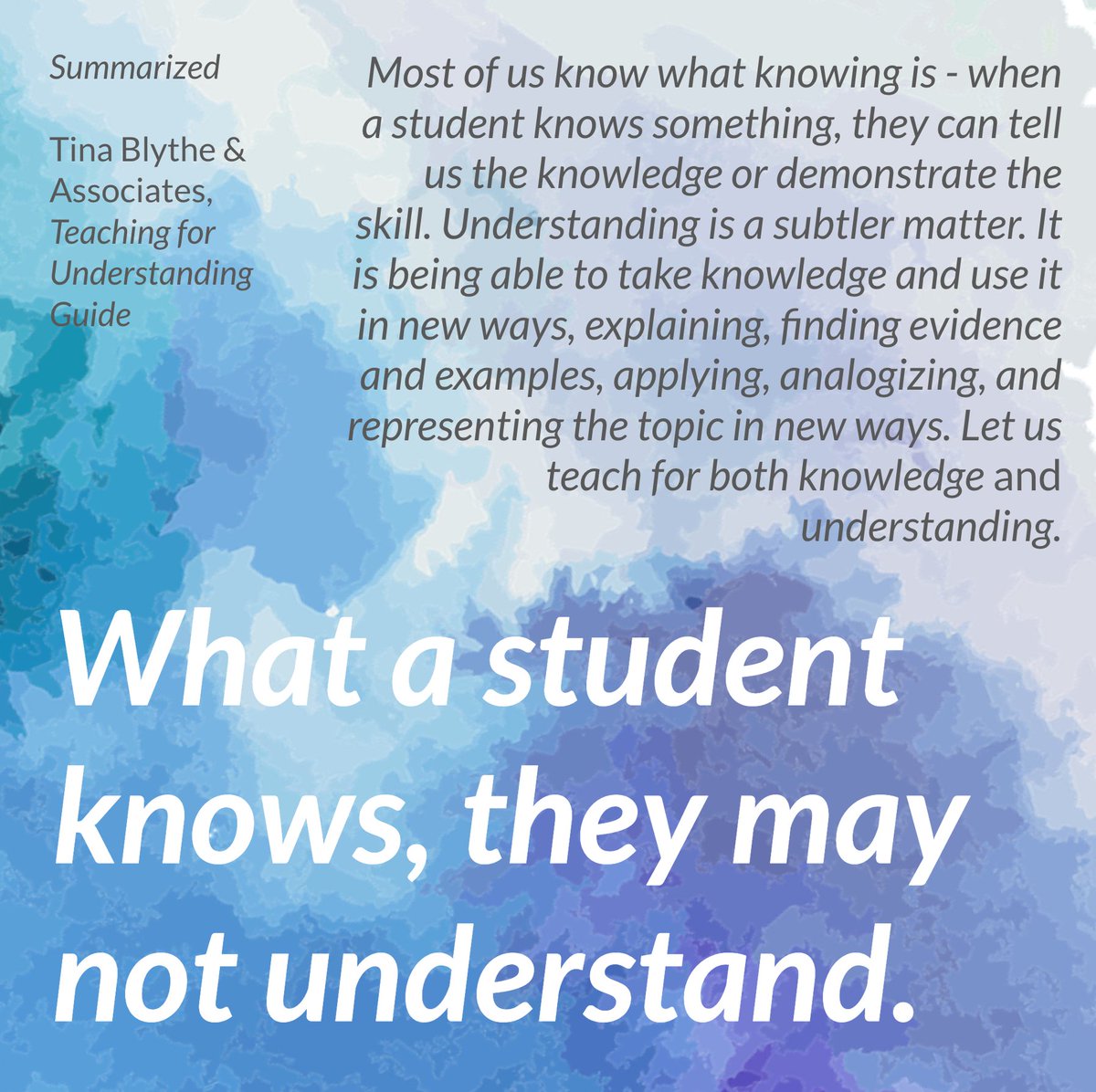 Developing understanding is continuous - no one reaches a point where they understand everything there is to understand about a topic. Yet, teachers CAN articulate an expectation for a level of understanding they want students to achieve. - Teaching for Understanding Guide