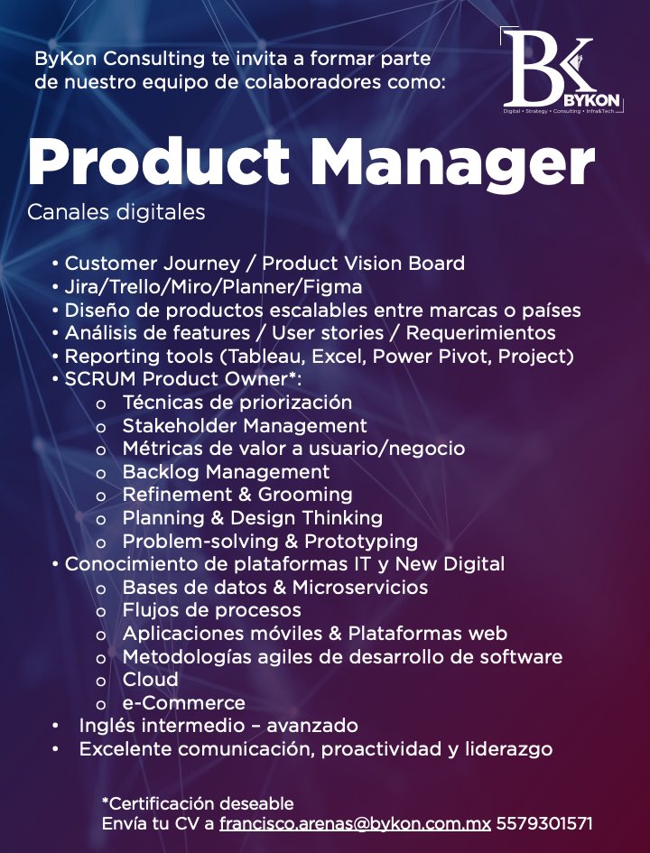 Nuestros amigos de ByKon buscan #ProductManager 
Checa la info 👇🏼