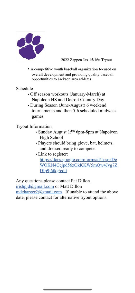Zappen Jax 15/16u Tryout
August 15th 6-8PM
Napoleon High School
▪ Link to register: docs.google.com/forms/d/1cspzD…