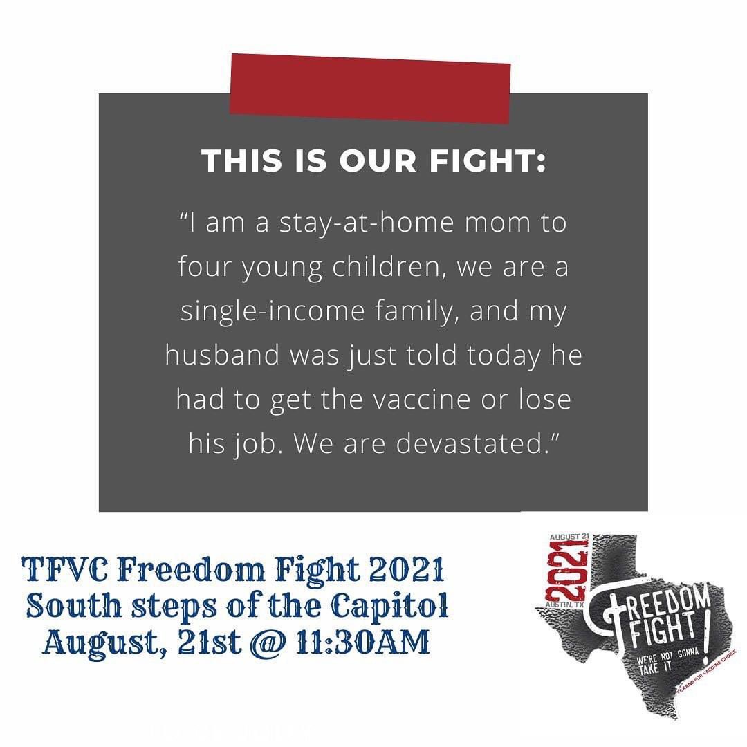 TXforVaxChoice's tweet photo. These members stories are why we fight. We fight for your right to CHOOSE! Join us on August 21st as we fight for YOUR choice. Please wear red or a TFVC shirt!
#tfvc #thechoiceshouldbeyours #informedconsent https://t.co/SZHQYprs2v