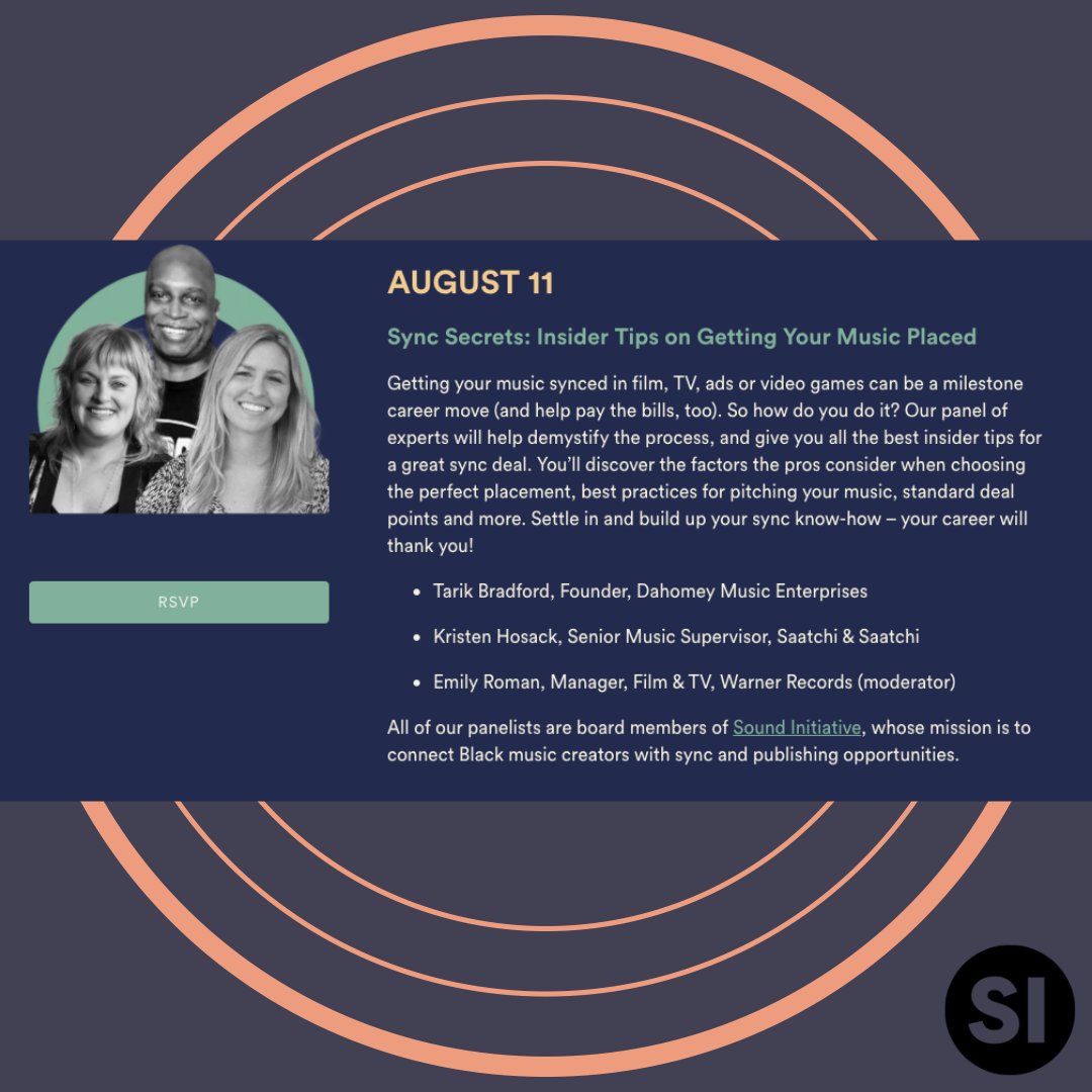 SoundInSync's tweet photo. Tarik Bradford, Kristen Hosack and Emily Roman demystify sync w/ @ascapexperience x @soundinsync

ASCAP Experience Sync Secrets: Insider Tips on Getting Your Music Placed Wednesday, August at 4pm ET/1pm PT

Register here: https://t.co/KKlTygVCzi

#soundinitiative #ASCAPExperience https://t.co/YjR4c9t9AY