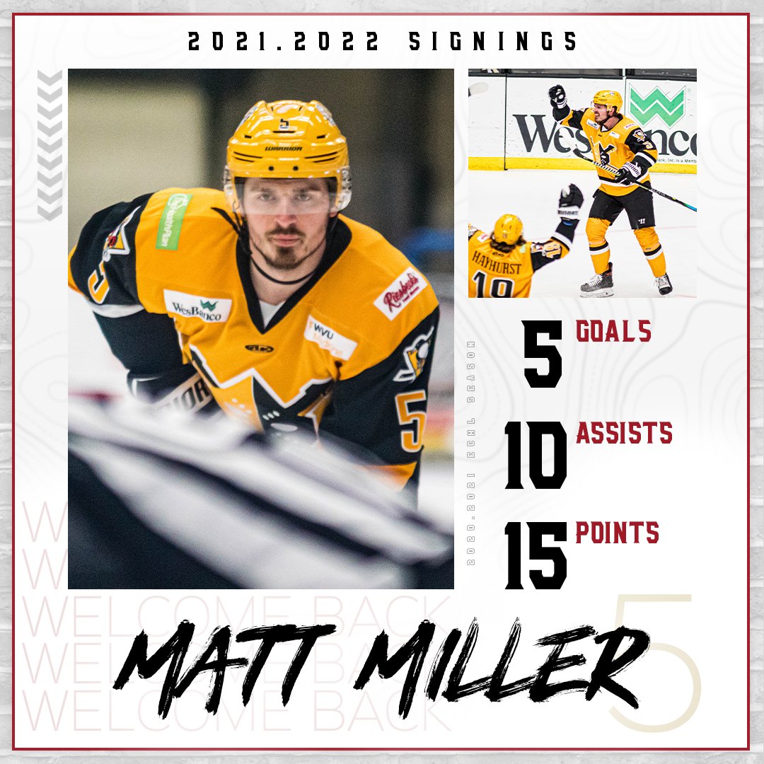 WheelingNailers's tweet photo. We teased you with a player signing yesterday and we're here to deliver. Coming off of a strong rookie season, Matt Miller is back on our blue line once again! https://t.co/s2QQNxAh02