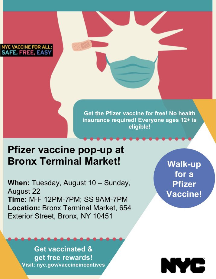 COVID-19 vaccines now available at Bronx Terminal Market! #NYCVaccineForAll

📍Location: 654 Exterior Street, ground level next to GNC 
⏱Time: Mon-Fri 12 pm-7 pm
 Sat-Sun 9am-7pm