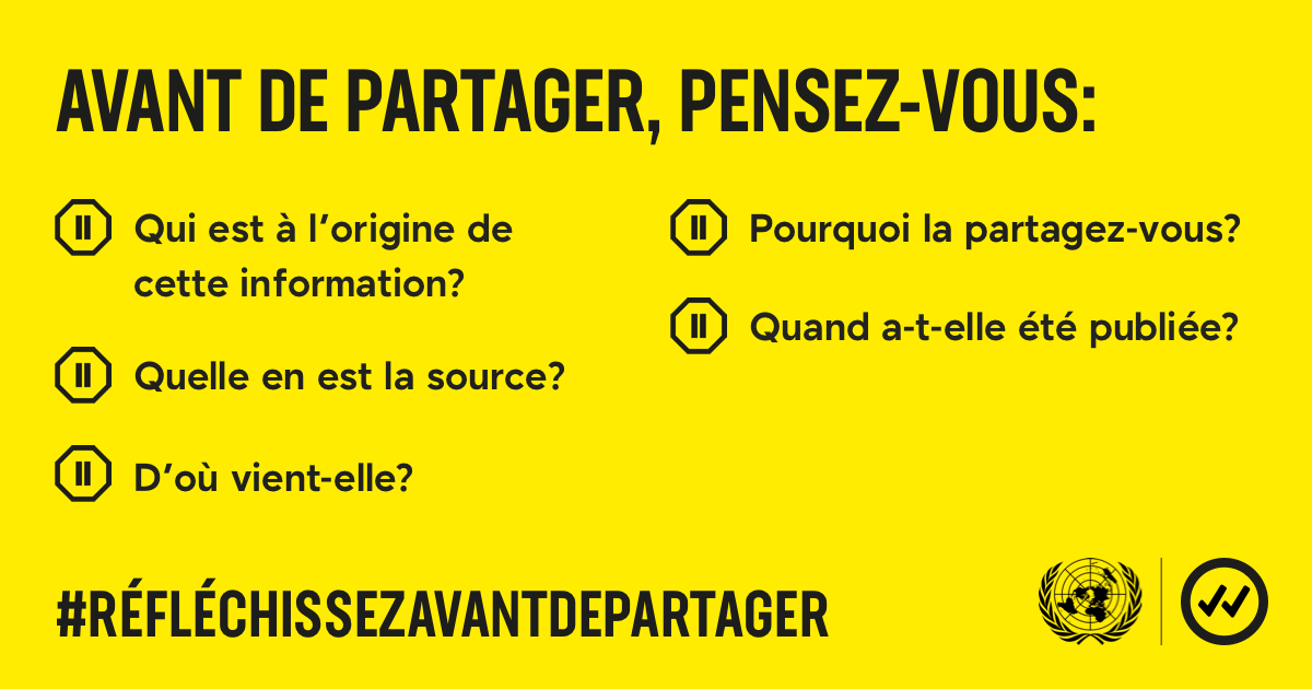 La désinformation est dangereuse et entrave les efforts déployés pour relever le défi de la #COVID19.

Prenez un moment pour vérifier les faits avant de les partager en ligne. shareverified.com/fr #TakeCareBeforeYouShare