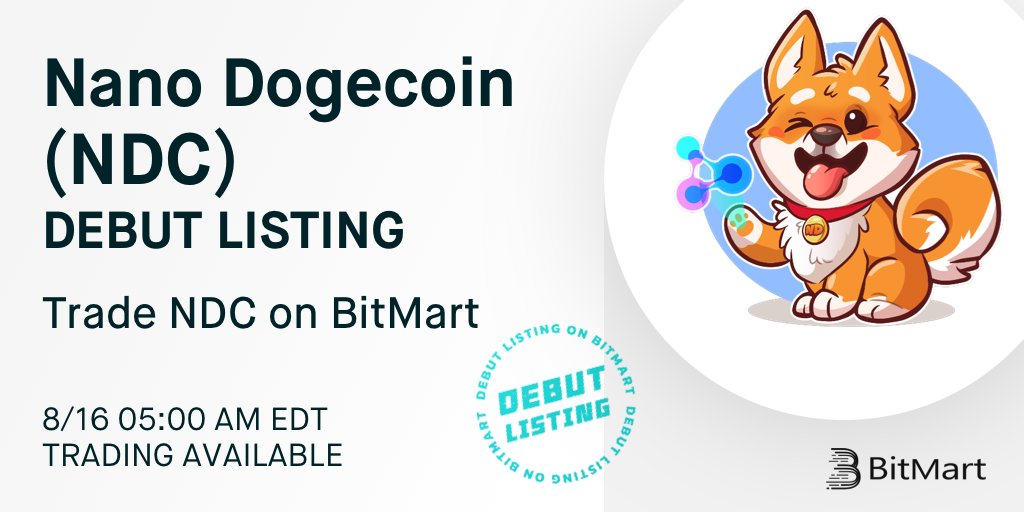 BitMartExchange's tweet image. 🔔 Nano Dogecoin (NDC) @NanoDogeCoin will make its debut on #BitMart on August 16! 

🎉 The NDC/USDT trading pair will be available soon! 👀

👉 Details: support.bmx.fund/hc/en-us/artic…