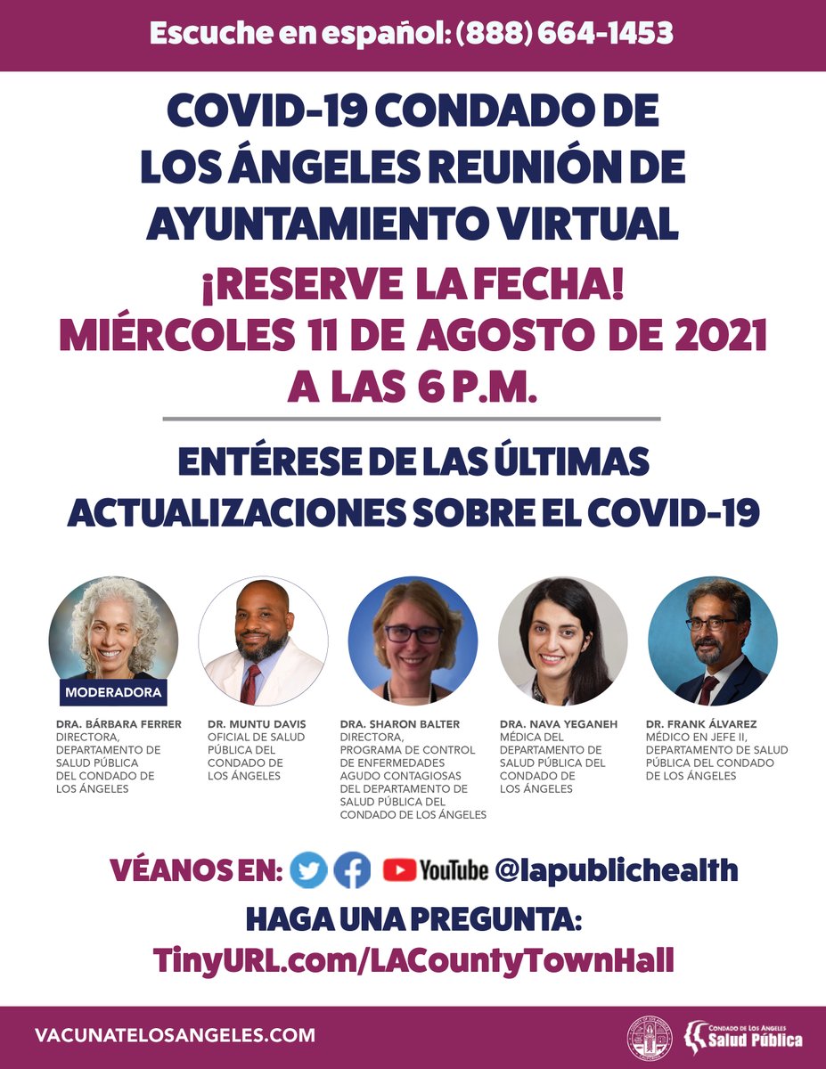 ⚠️ Get the latest updates on COVID-19 tonight at the Los Angeles County COVID-19 Virtual Town Hall! Meanwhile, #GetVaccinnated 💉 #WearAMask