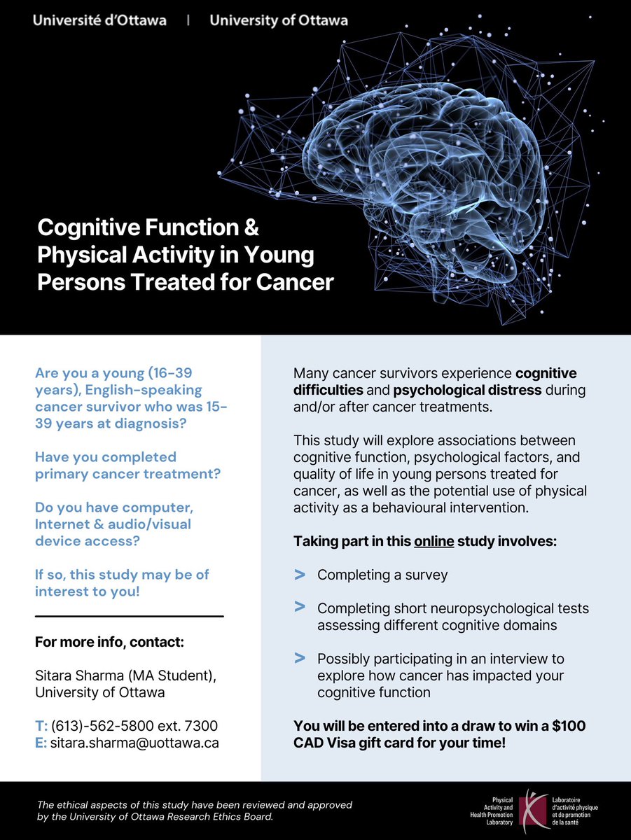 sitarashar's tweet image. RESEARCH STUDY🚨

Are you an #AYAcancer survivor 🇨🇦 (16-39 yrs) who has completed primary cancer treatment? 

Help our lab understand the relationship between #physicalactivity, #cognition, and #mentalhealth in young persons treated for cancer! #AYACSM #YACancer 

More details ⬇️