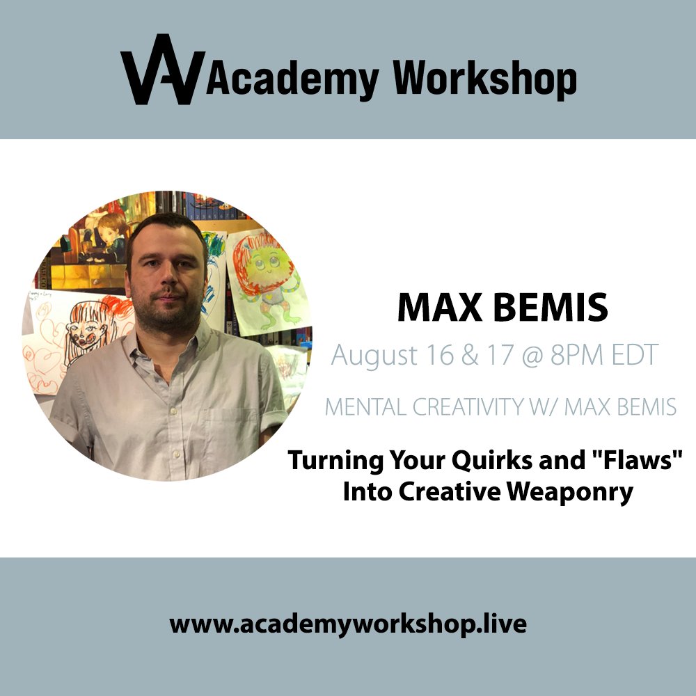 aworkshoplive's tweet photo. Happy Wednesday! @MaxBemis is back with more #AcademyWorkshop classes. Two mental creativity classes happening on 8/16 and 8/17 and two new songwriting workshops on 8/13 &amp; 8/20. Hit the link below to secure a spot!

https://t.co/OAhJ0ij8IM https://t.co/PIZWl4BlZv