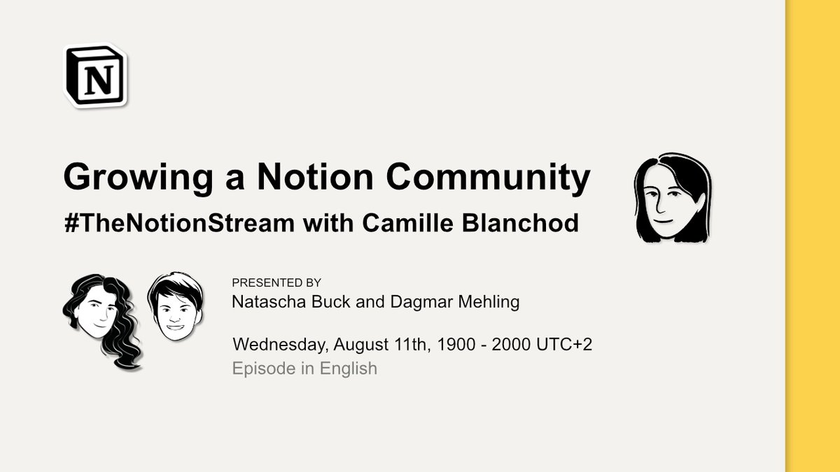 1h until <a href="/cblanchod/">Camille Blanchod</a> let us in on her community growth secret (over 1000 French speaking <a href="/notionhq/">Notion</a> fans). Join us here youtu.be/mo6lJJOR2bU - <a href="/dagmarmehling/">Dagmar Mehling</a> and I make sure you won't miss the details :-) #notiontwt #notionevent